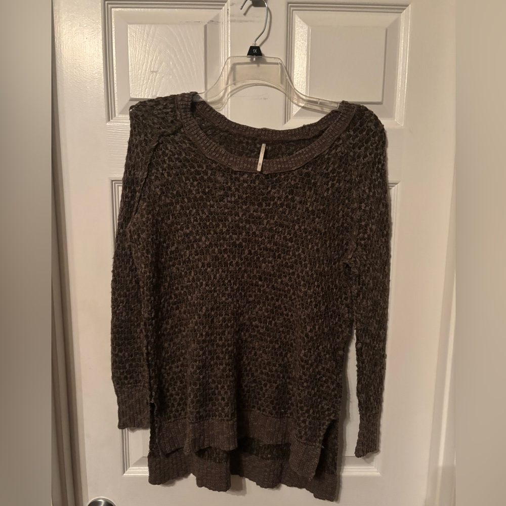 Free People Oversized Boho Textured Brown Heather Sweater, Size XS